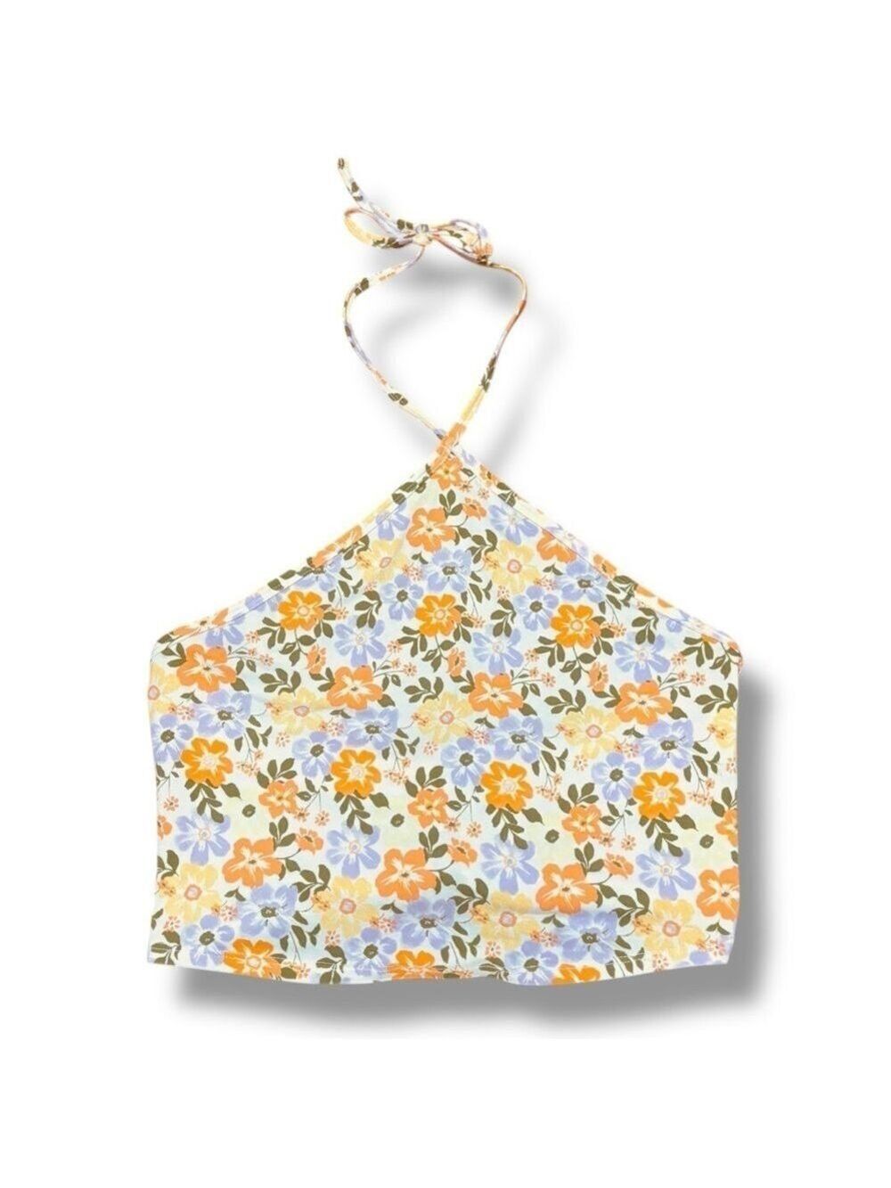 PacSun White Multicolor Floral Cropped Halter Top - Size Large